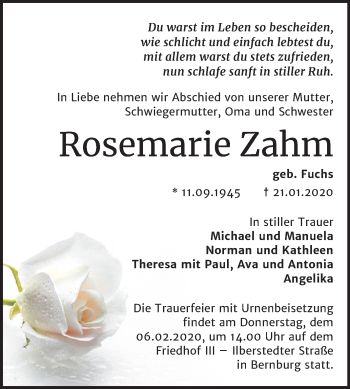Traueranzeige von Rosemarie Zahm von Super Sonntag Bernburg