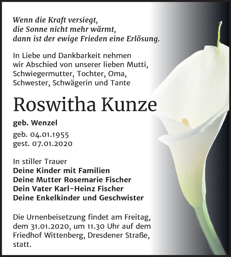  Traueranzeige für Roswitha Kunze vom 18.01.2020 aus Mitteldeutsche Zeitung Wittenberg