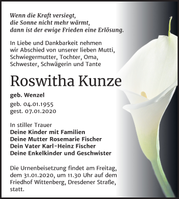Traueranzeige von Roswitha Kunze von Mitteldeutsche Zeitung Wittenberg