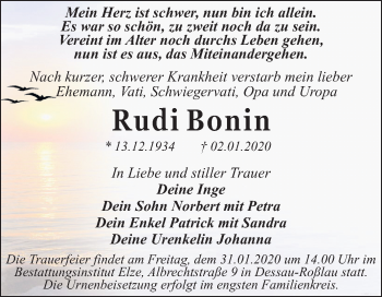 Traueranzeige von Rudi Bonin von Mitteldeutsche Zeitung Dessau-Roßlau