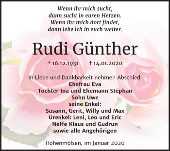 Traueranzeige von Rudi Günther von Wochenspiegel Weißenfels