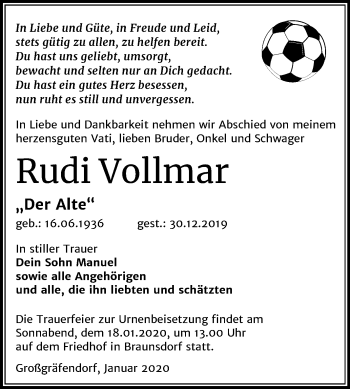 Traueranzeige von Rudi Vollmar von Super Sonntag Merseburg/Querfurt