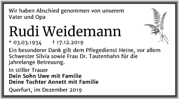 Traueranzeige von Rudi Weidemann von Mitteldeutsche Zeitung Merseburg/Querfurt