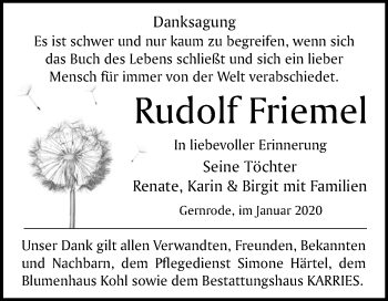 Traueranzeige von Rudolf Friemel von Super Sonntag Quedlinburg