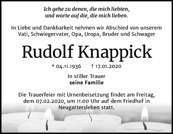 Traueranzeige von Rudolf Knappick von Super Sonntag Bernburg