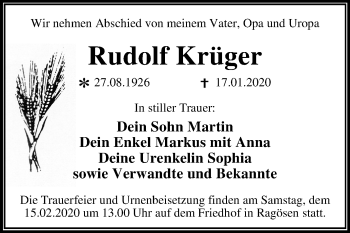 Traueranzeige von Rudolf Krüger von Super Sonntag Wittenberg