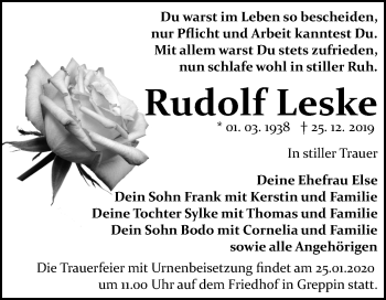 Traueranzeige von Rudolf Leske von Mitteldeutsche Zeitung Bitterfeld