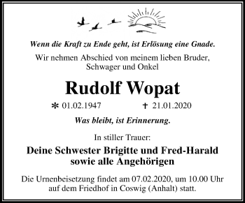 Traueranzeige von Rudolf Wopat von Super Sonntag Wittenberg