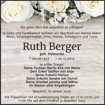 Traueranzeige von Ruth Berger von Mitteldeutsche Zeitung Köthen