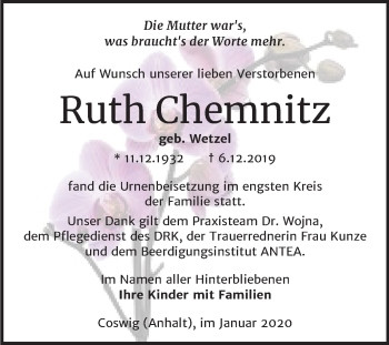 Traueranzeige von Ruth Chemnitz von Mitteldeutsche Zeitung Wittenberg