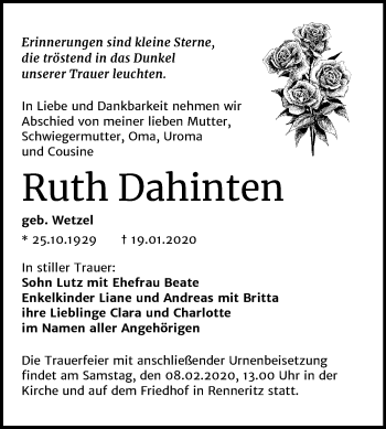Traueranzeige von Ruth Dahinten von Mitteldeutsche Zeitung Bitterfeld