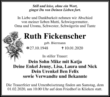 Traueranzeige von Ruth Fickenscher von Super Sonntag Wittenberg