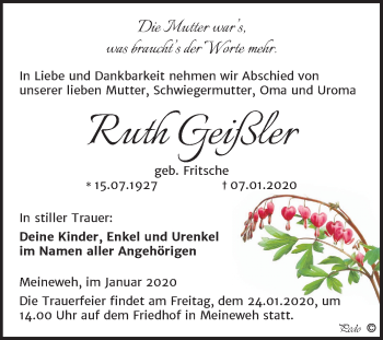 Traueranzeige von Ruth Geißler von Super Sonntag Zeitz