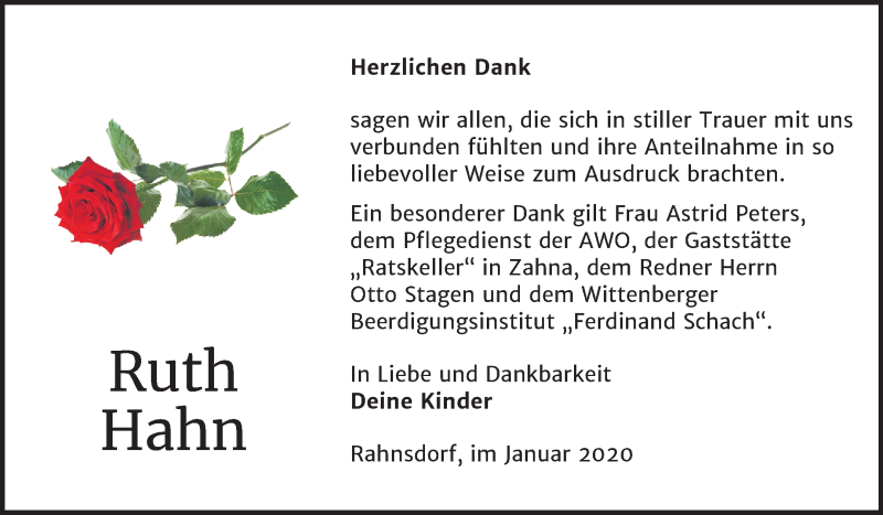  Traueranzeige für Ruth Hahn vom 11.01.2020 aus Mitteldeutsche Zeitung Wittenberg