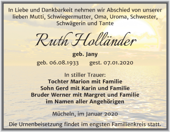 Traueranzeige von Ruth Holländer von Super Sonntag Merseburg/Querfurt