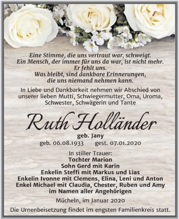 Traueranzeige von Ruth Holländer von Mitteldeutsche Zeitung Merseburg/Querfurt