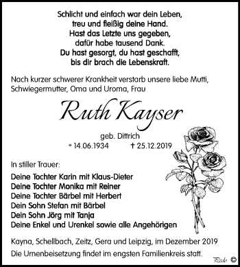 Traueranzeige von Ruth Kayser von Mitteldeutsche Zeitung Zeitz