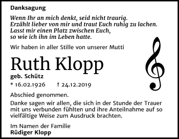 Traueranzeige von Ruth Klopp von Super Sonntag Bernburg