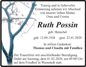 Traueranzeige von Ruth Possin von Wochenspiegel Quedlinburg