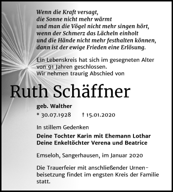 Traueranzeige von Ruth Schäffner von Mitteldeutsche Zeitung Sangerhausen
