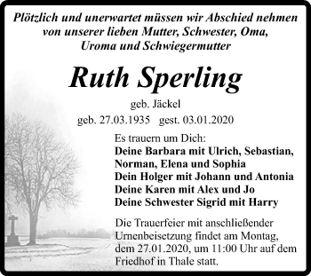 Traueranzeige von Ruth Sperling von Mitteldeutsche Zeitung Quedlinburg