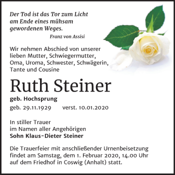 Traueranzeige von Ruth Steiner von Super Sonntag Wittenberg