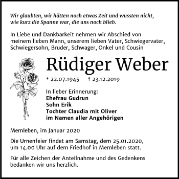 Traueranzeige von Rüdiger Weber von Wochenspiegel Naumburg/Nebra