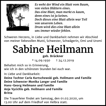 Traueranzeige von Sabine Heilmann von Mitteldeutsche Zeitung Mansfelder Land