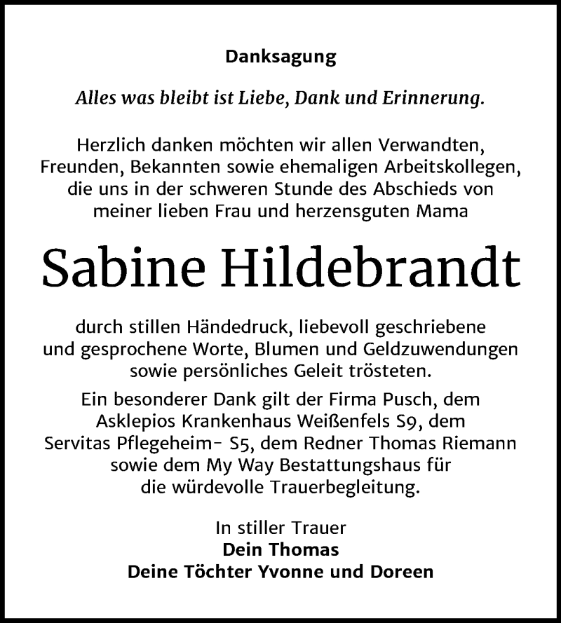  Traueranzeige für Sabine Hildebrandt vom 08.01.2020 aus Wochenspiegel Weißenfels