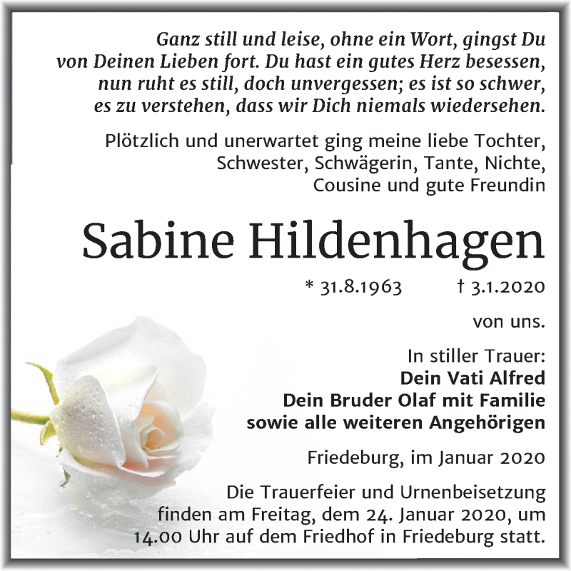  Traueranzeige für Sabine Hildenhagen vom 11.01.2020 aus Mitteldeutsche Zeitung Mansfelder Land
