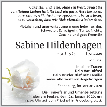 Traueranzeige von Sabine Hildenhagen von Mitteldeutsche Zeitung Mansfelder Land