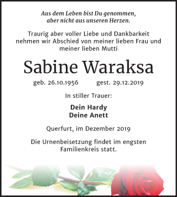 Traueranzeige von Sabine Waraksa von Wochenspiegel Merseburg/Querfurt