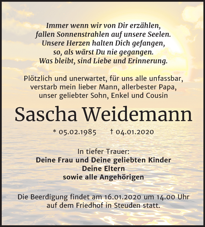  Traueranzeige für Sascha Weidemann vom 11.01.2020 aus Mitteldeutsche Zeitung Halle/Saalkreis