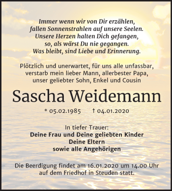 Traueranzeige von Sascha Weidemann von Mitteldeutsche Zeitung Halle/Saalkreis