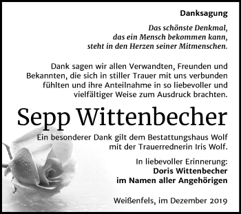 Traueranzeige von Sepp Wittenbecher von Wochenspiegel Weißenfels