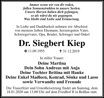 Traueranzeige von Siegbert Kiep von Super Sonntag Wittenberg