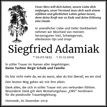Traueranzeige von Siegfried Adamiak von Mitteldeutsche Zeitung Mansfelder Land