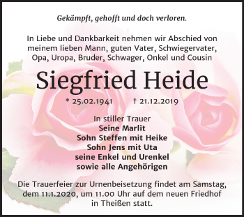 Traueranzeige von Siegfried Heide von Wochenspiegel Weißenfels