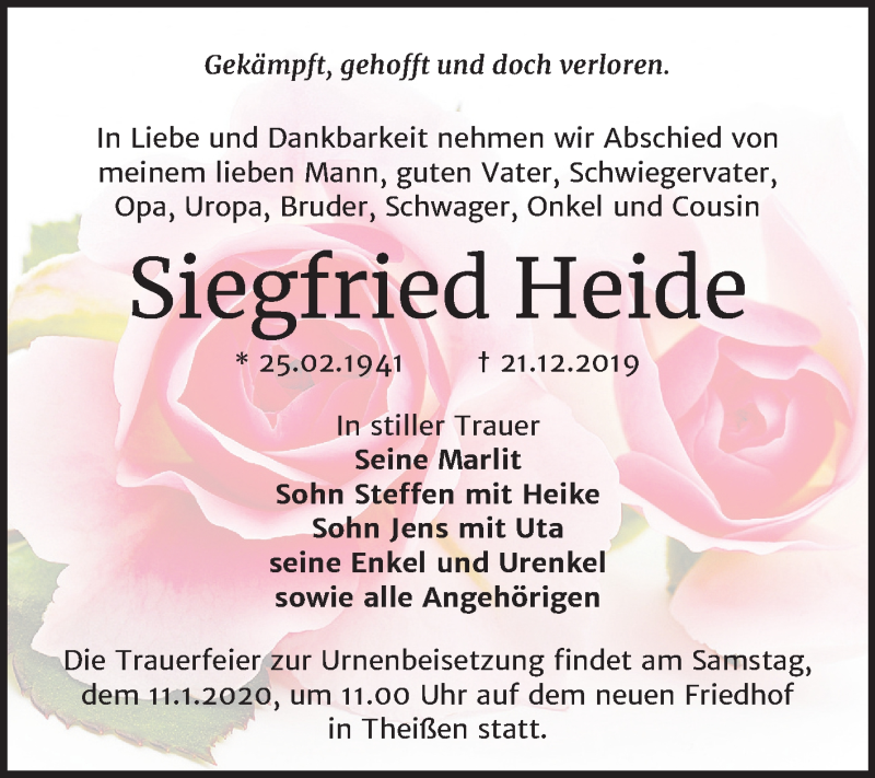  Traueranzeige für Siegfried Heide vom 04.01.2020 aus Super Sonntag Zeitz
