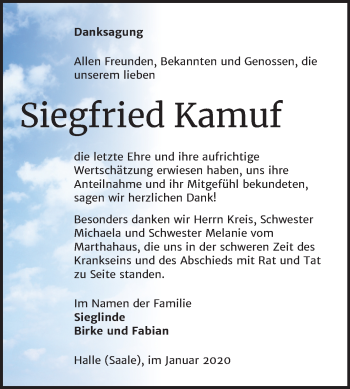 Traueranzeige von Siegfried Kamuf von Mitteldeutsche Zeitung Halle/Saalkreis