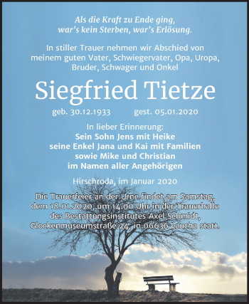 Traueranzeige von Siegfried Tietze von Wochenspiegel Naumburg/Nebra
