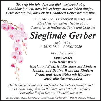Traueranzeige von Sieglinde Gerber von Mitteldeutsche Zeitung Dessau-Roßlau