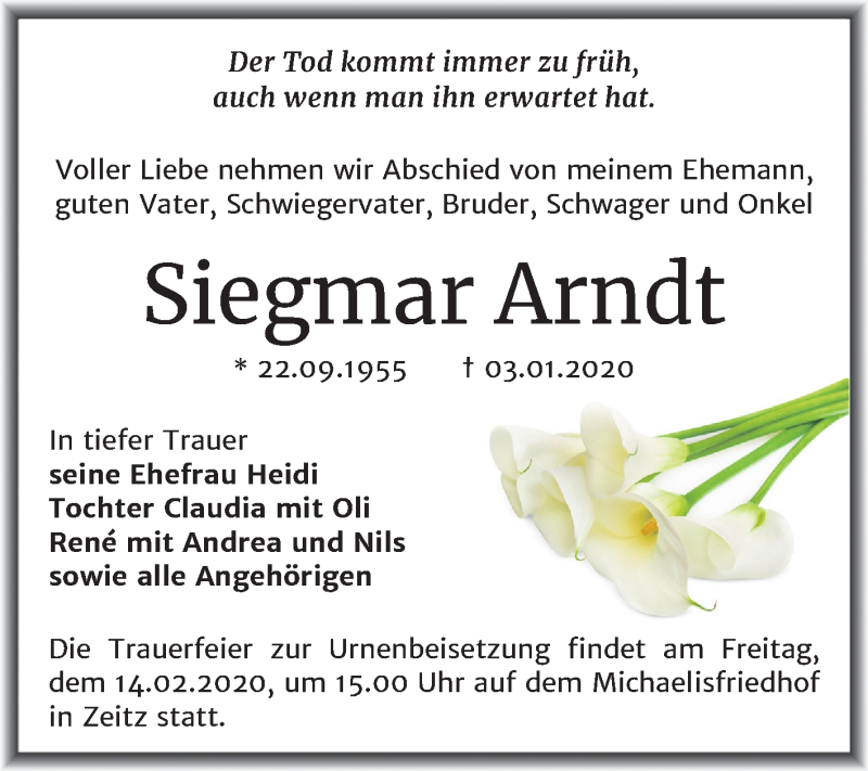  Traueranzeige für Siegmar Arndt vom 11.01.2020 aus Super Sonntag Zeitz