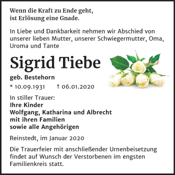 Traueranzeige von Sigrid Tiebe von Mitteldeutsche Zeitung Quedlinburg
