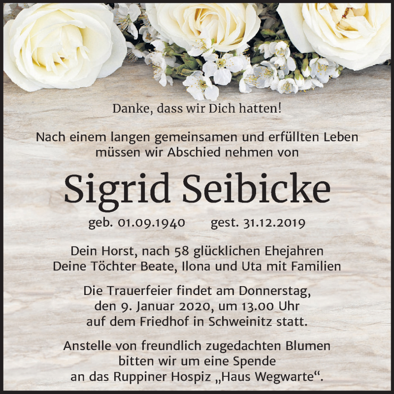  Traueranzeige für Sigris Seibicke vom 04.01.2020 aus Super Sonntag Wittenberg