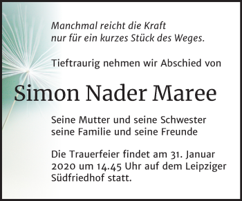Traueranzeige von Simon Nader Maree von Mitteldeutsche Zeitung Köthen