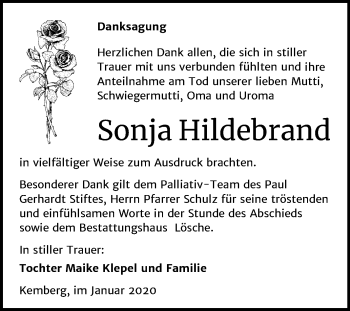 Traueranzeige von Sonja Hildebrand von Super Sonntag Wittenberg