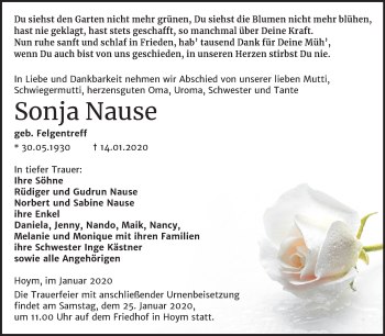 Traueranzeige von Sonja Nause von Mitteldeutsche Zeitung Aschersleben