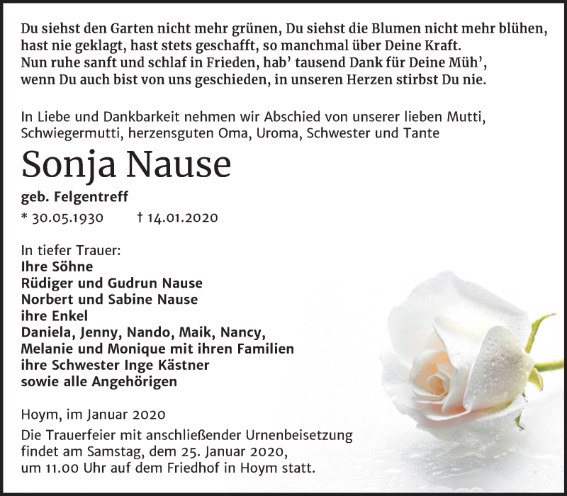  Traueranzeige für Sonja Nause vom 18.01.2020 aus Super Sonntag Aschersleben