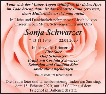 Traueranzeige von Sonja Schwarze von Mitteldeutsche Zeitung Quedlinburg